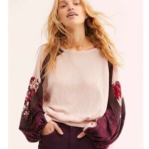 Free People Casual Clash Balloon Sleeve Thermal Top Rose Petal Print